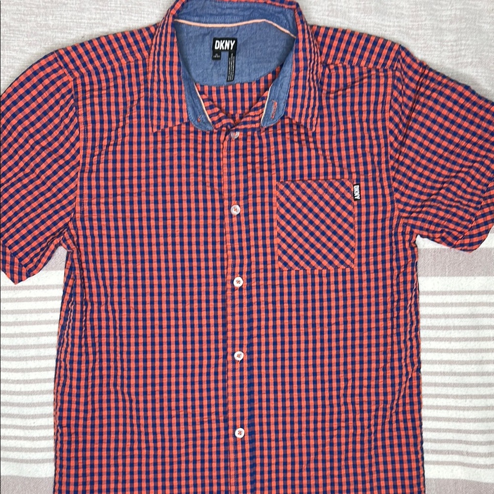 DKNY Red and Blue Button Down Shirt with Gingham Pattern - Picture 2 of 7